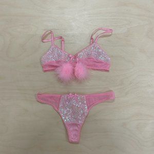 NWOT Pink Marabou Sequin Lingerie Set